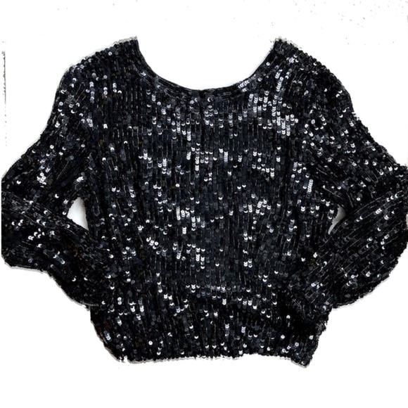 Hand Beaded Black Sequin Top with Silk Base - Picture 2 of 5